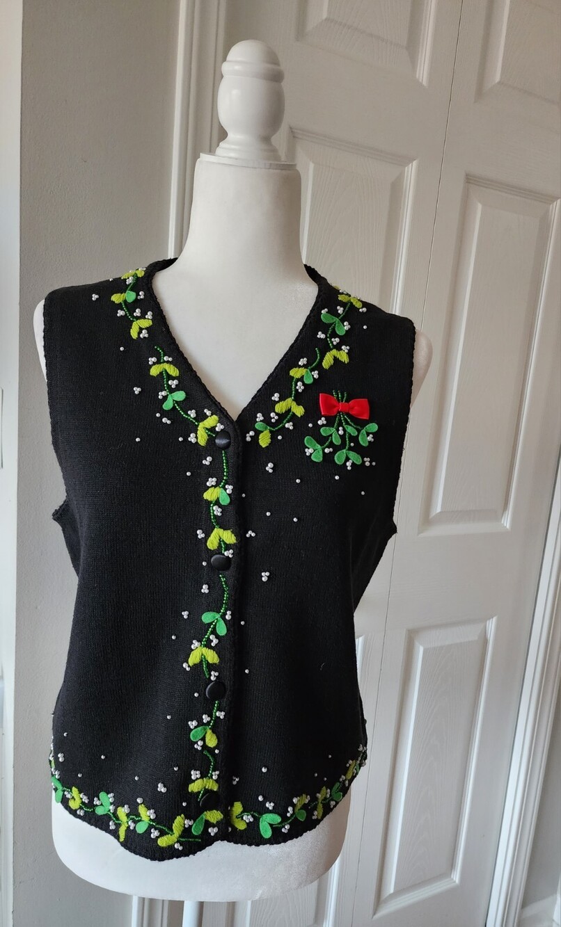 Michael Simon Christmas Black Vest w Mistletoe - Size M Medium MINT EUC